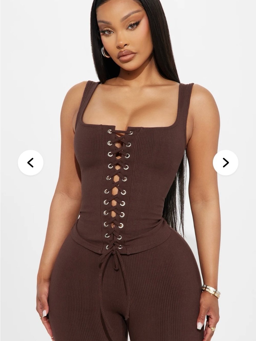 Fashion Nova Brown Ribbed Lace-Up Square Neck and Capri Matching Set